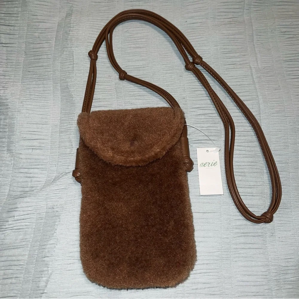 NWT Aerie Brown Faux Fur Crossbody Phone Pouch
